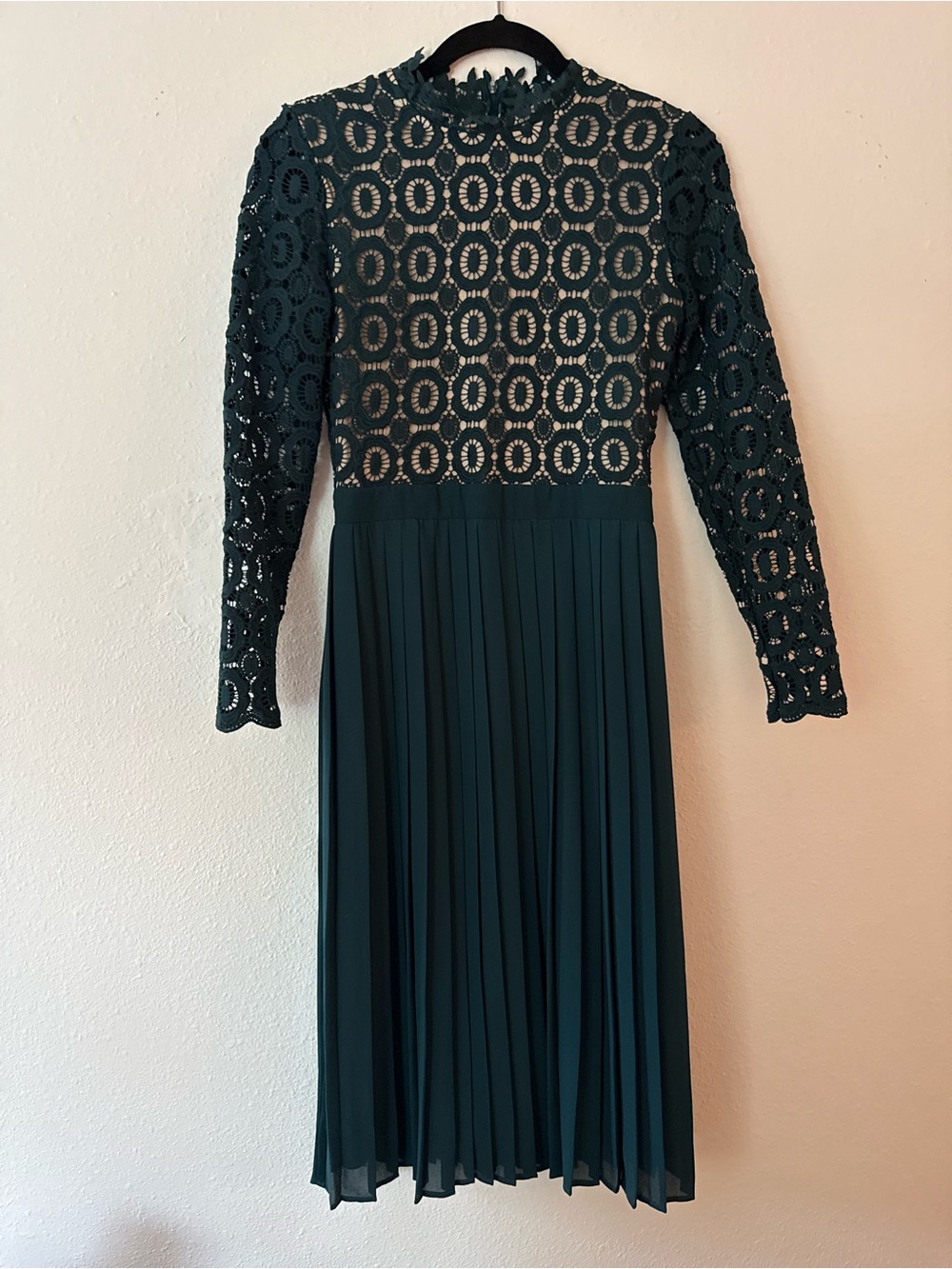 Ivy City Co Dark Teal Lace & Pleated Long Sleeve Dress